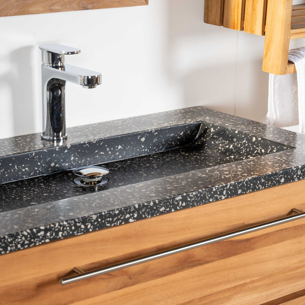 Mueble de teca y terrazo negro de 80 cm - Cuarto de baño - Wanda Collection