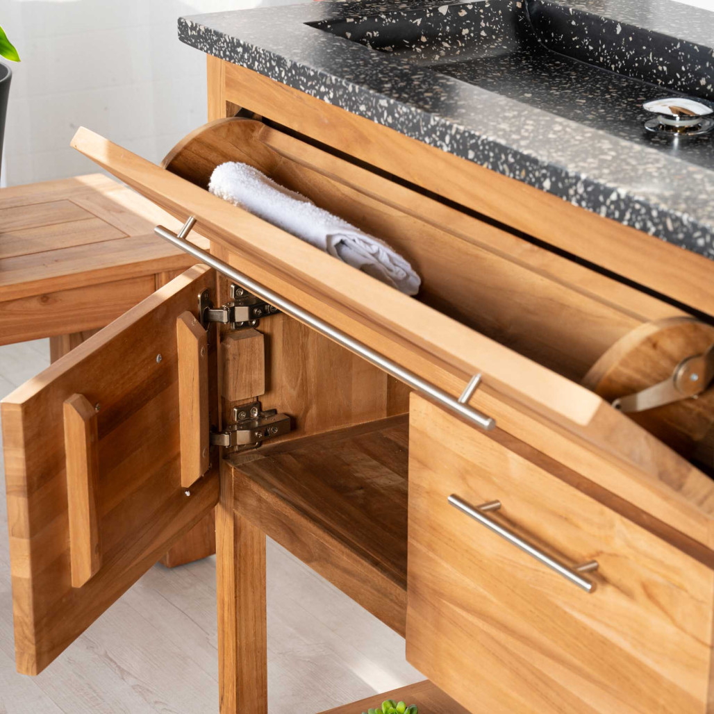 Mueble de teca y terrazo negro de 80 cm - Cuarto de baño - Wanda Collection