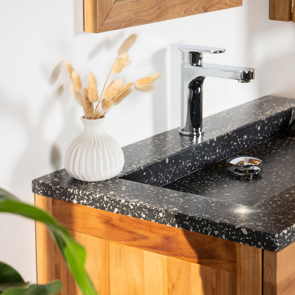 Mueble de teca y terrazo negro de 80 cm - Cuarto de baño - Wanda Collection