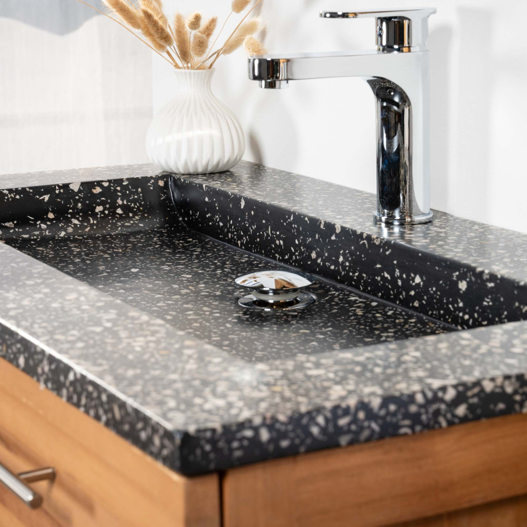 Mueble de teca y terrazo negro de 80 cm - Cuarto de baño - Wanda Collection