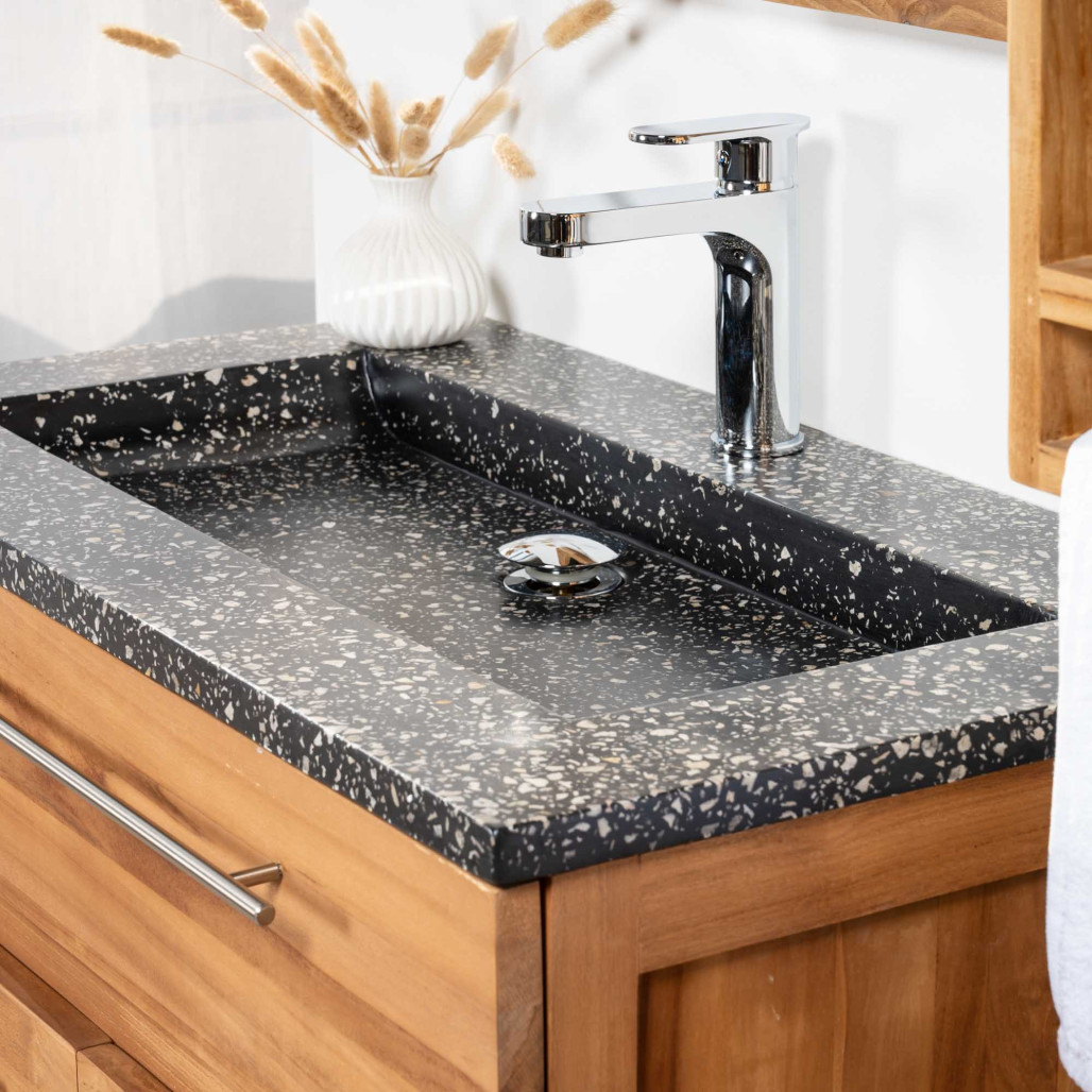 Mueble de teca y terrazo negro de 80 cm - Cuarto de baño - Wanda Collection