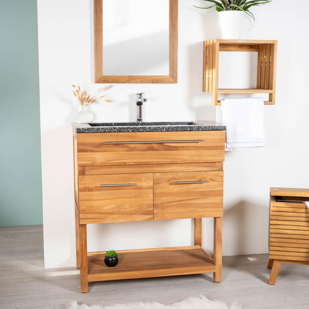 Mueble de teca y terrazo negro de 80 cm - Cuarto de baño - Wanda Collection