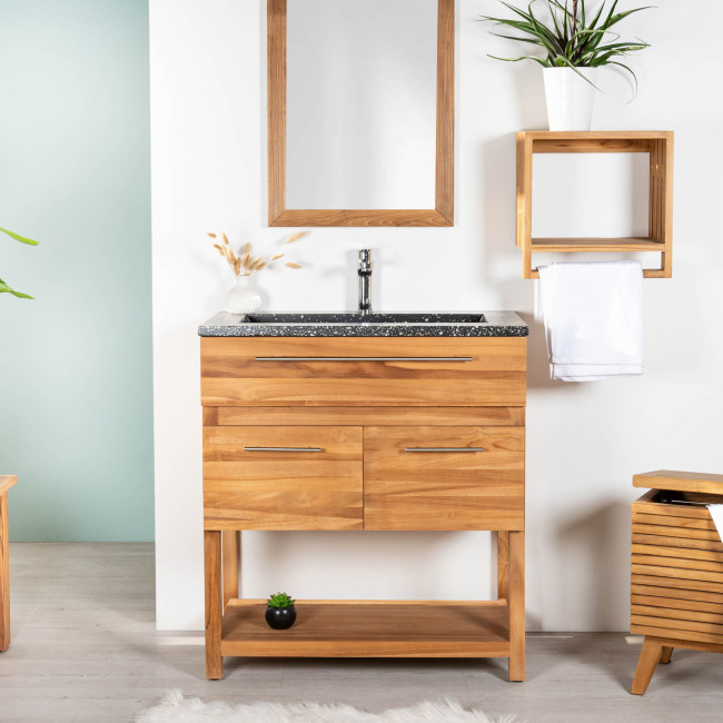 Mueble de teca y terrazo negro de 80 cm - Cuarto de baño - Wanda Collection