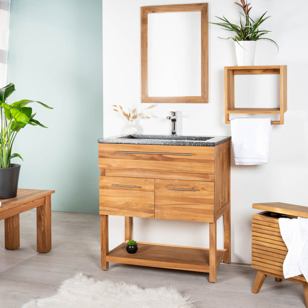 Mueble de teca y terrazo negro de 80 cm - Cuarto de baño - Wanda Collection