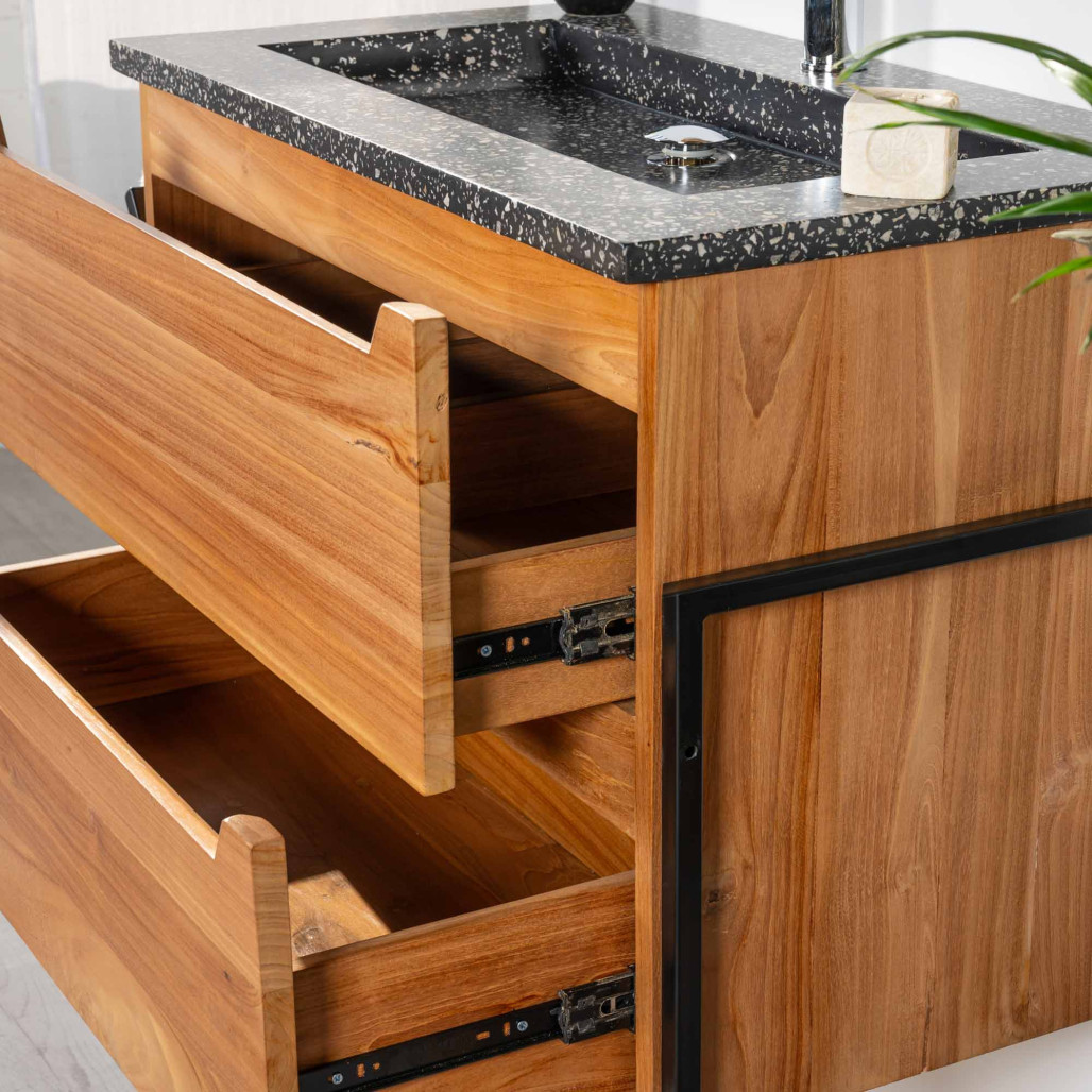 Mueble de baño en teca y terrazo negro Vila 80cm - Wanda collection