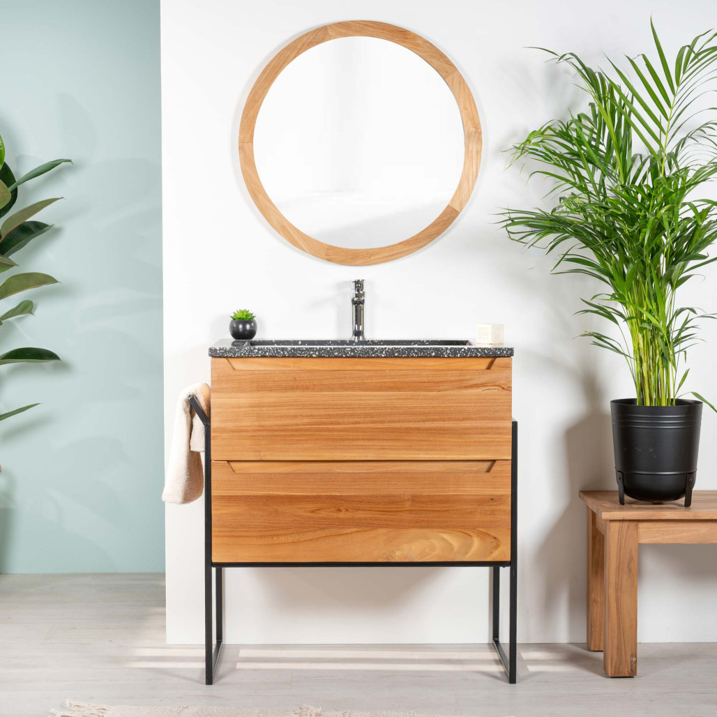 Mueble de baño en teca y terrazo negro Vila 80cm