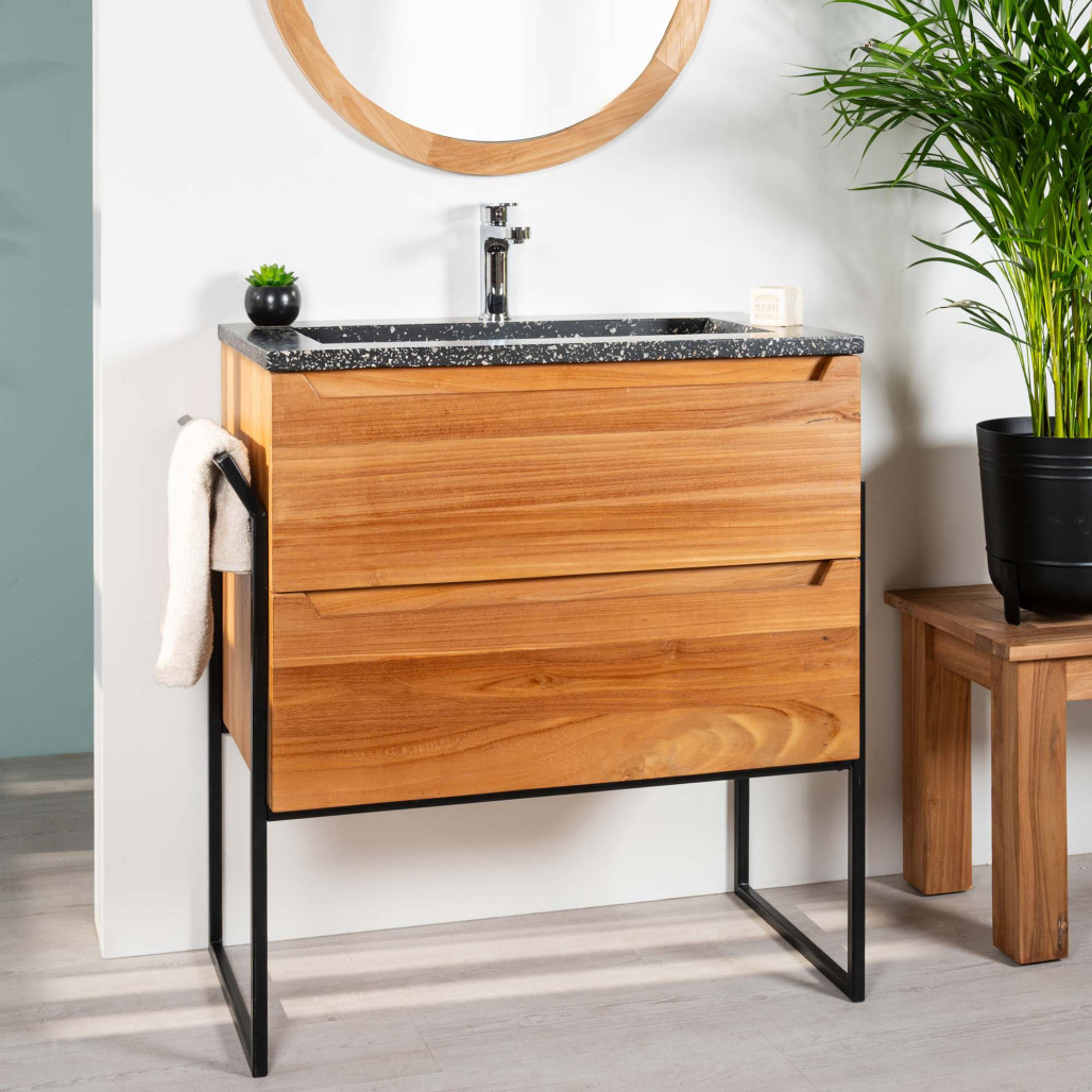 Mueble de baño en teca y terrazo negro Vila 80cm - Wanda collection