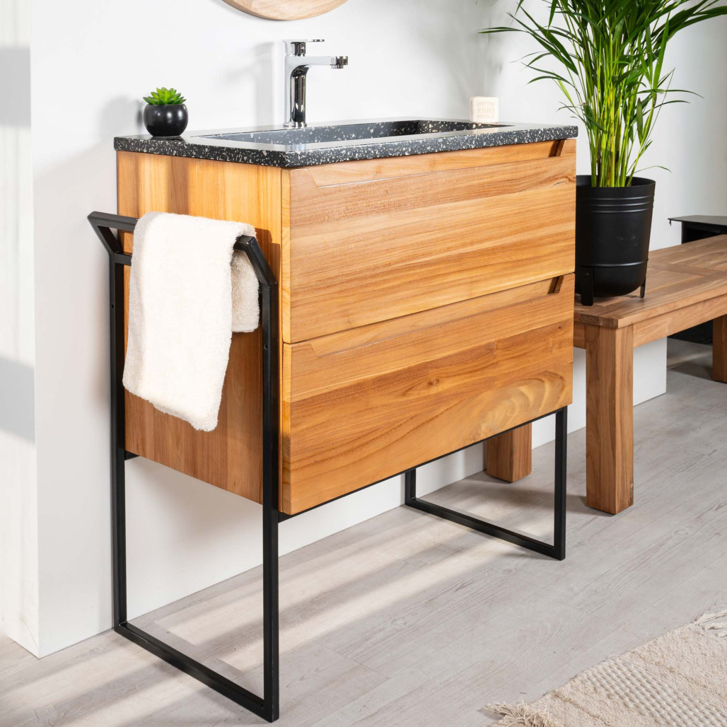 Mueble de baño en teca y terrazo negro Vila 80cm - Wanda collection