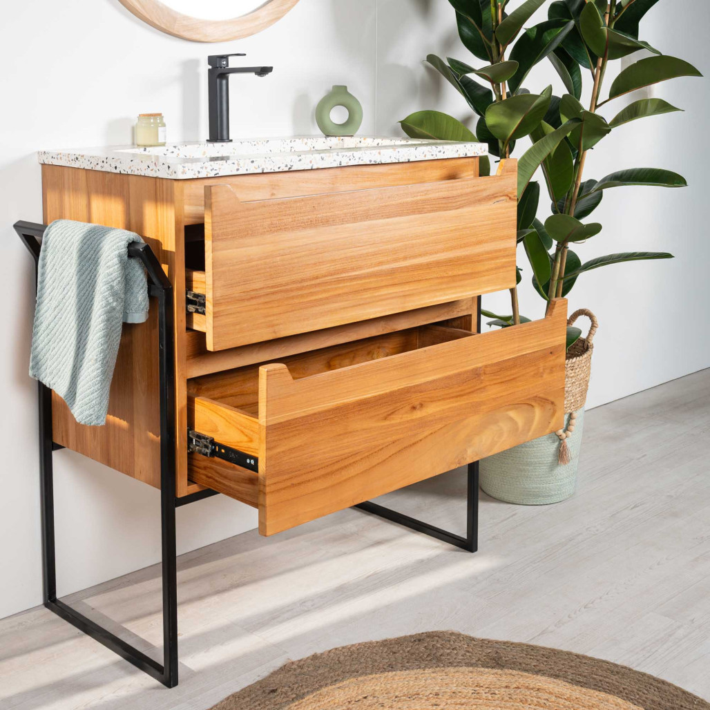 Mueble de baño en teca y terrazo crema Vila 80cm - Wanda collection