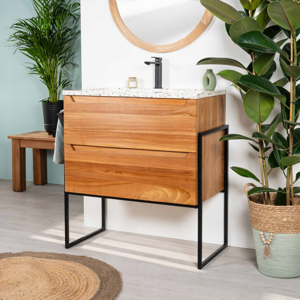 Mueble de baño en teca y terrazo crema Vila 80cm - Wanda collection