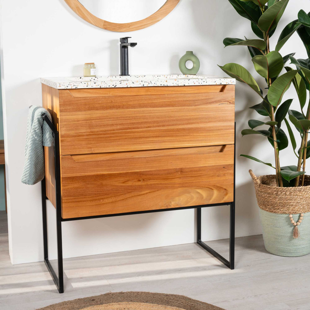 Mueble de baño en teca y terrazo crema Vila 80cm - Wanda collection