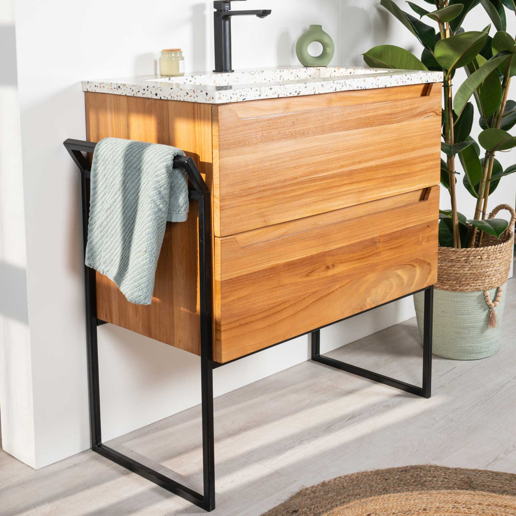 Mueble de baño en teca y terrazo crema Vila 80cm - Wanda collection