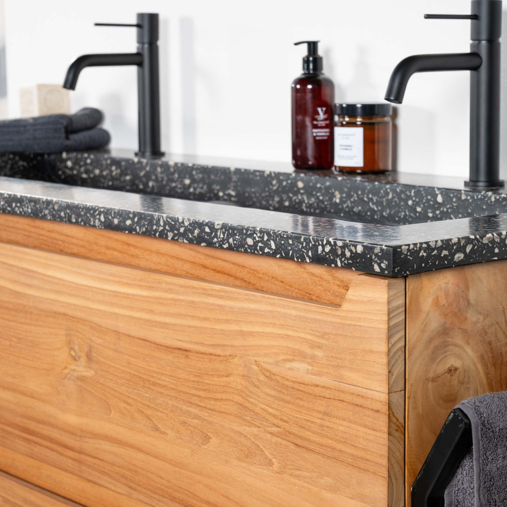 Mueble de baño en teca y terrazo negro Vila 120cm - Baño - Wanda collection Mueble de baño en teca y terrazo negro Vila 120cm - Baño - Wanda collection