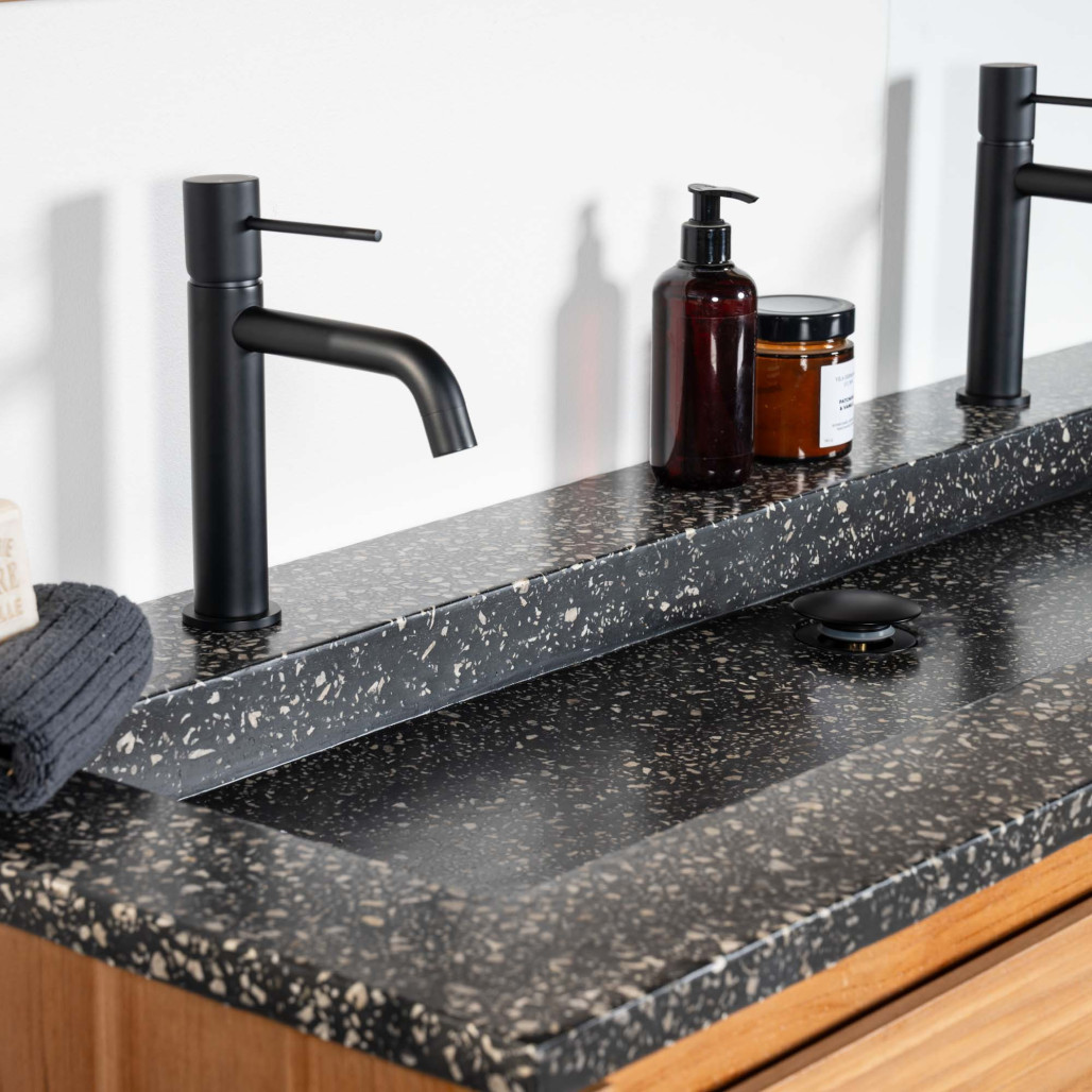 Mueble de baño en teca y terrazo negro Vila 120cm - Baño - Wanda collection Mueble de baño en teca y terrazo negro Vila 120cm - Baño - Wanda collection