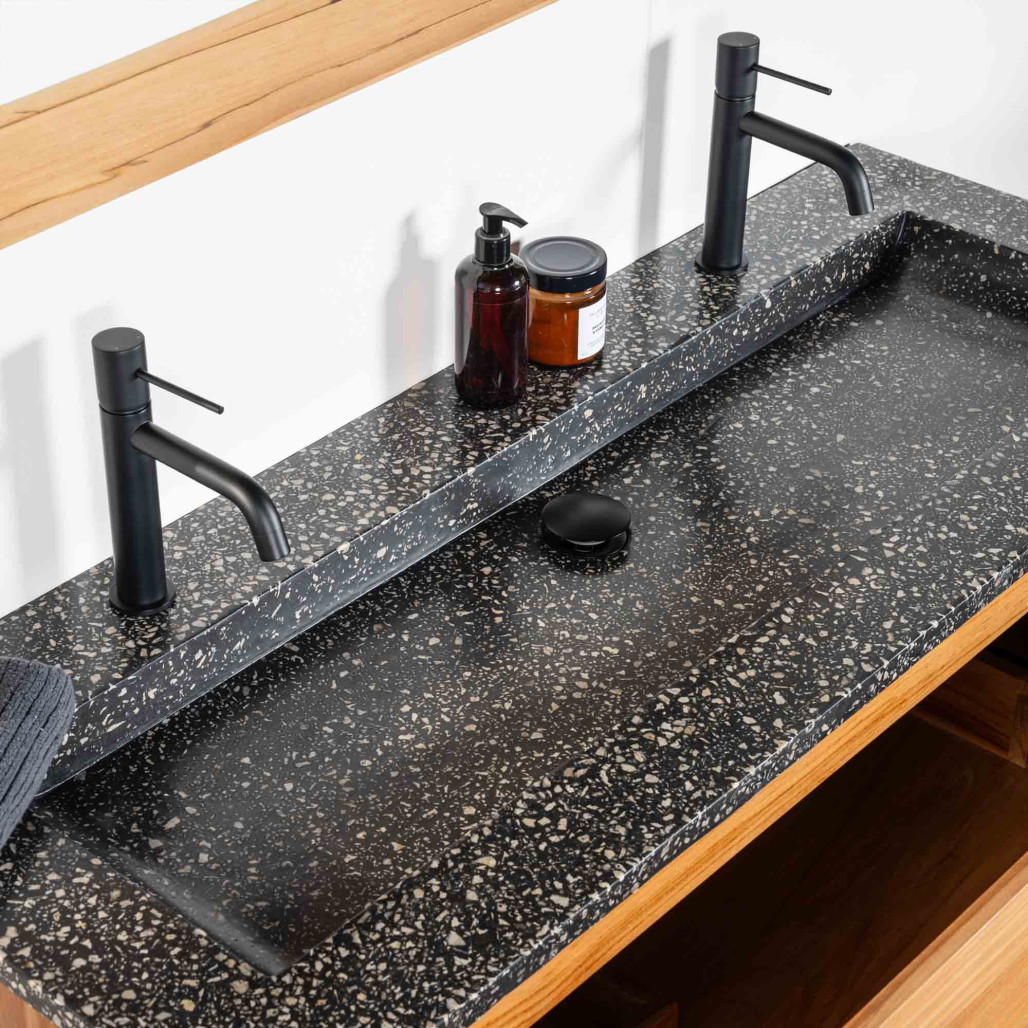 Mueble de baño en teca y terrazo negro Vila 120cm - Baño - Wanda collection Mueble de baño en teca y terrazo negro Vila 120cm - Baño - Wanda collection