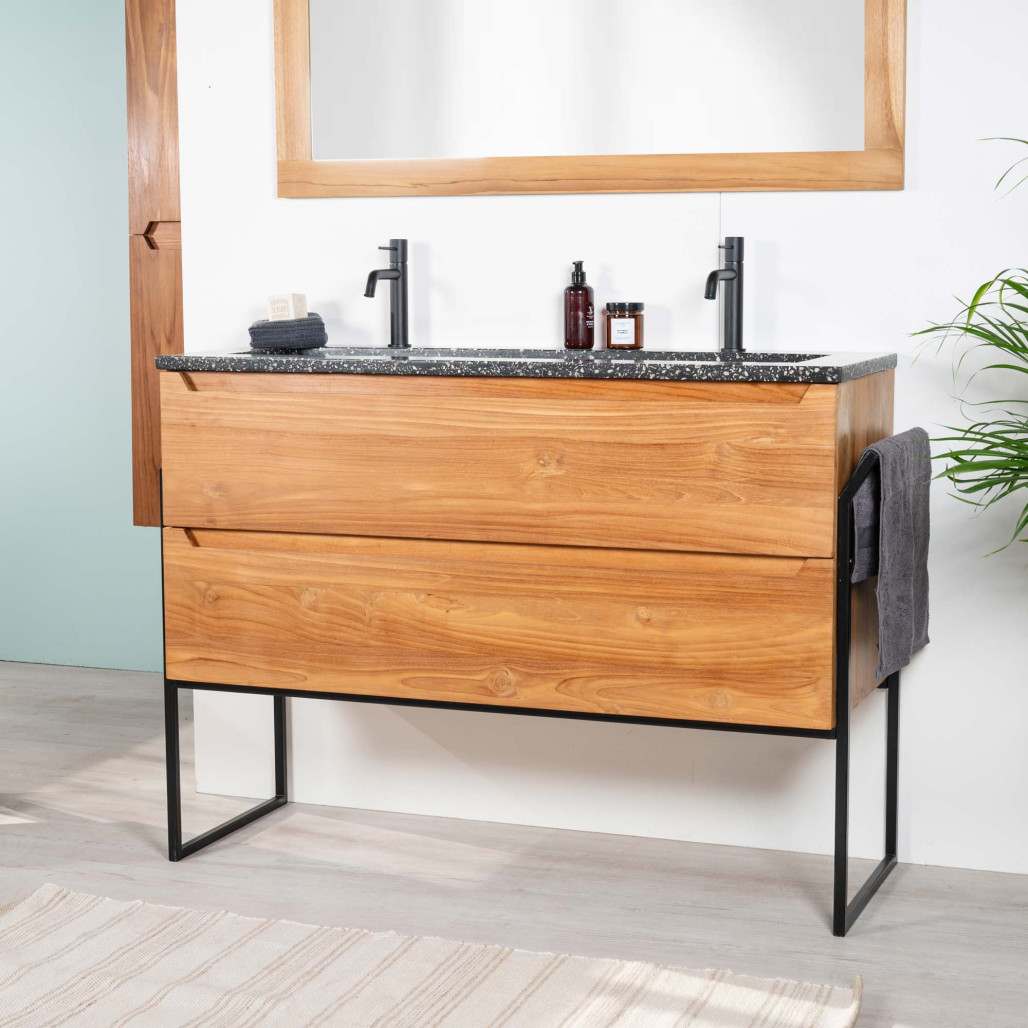 Mueble de baño en teca y terrazo negro Vila 120cm - Baño - Wanda collection Mueble de baño en teca y terrazo negro Vila 120cm - Baño - Wanda collection