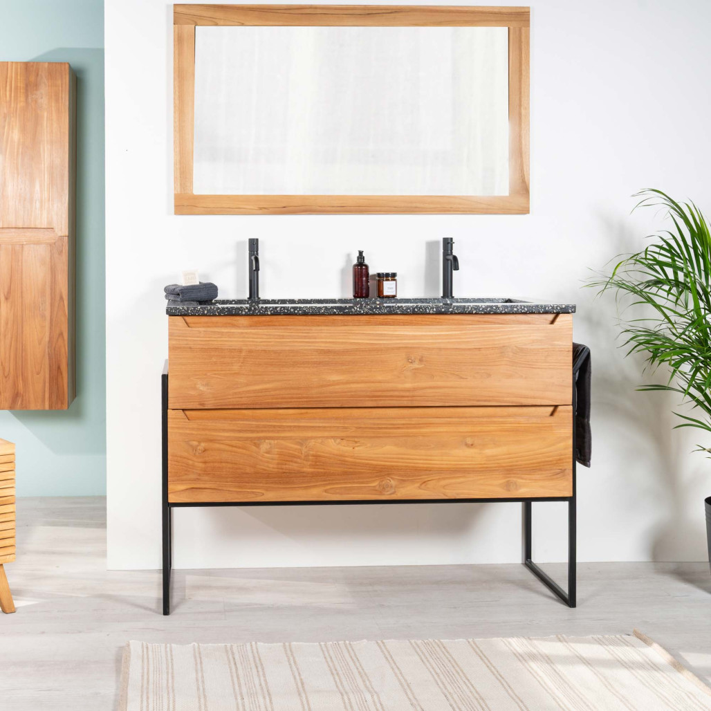 Mueble de baño en teca y terrazo negro Vila 120cm Mueble de baño en teca y terrazo negro Vila 120cm
