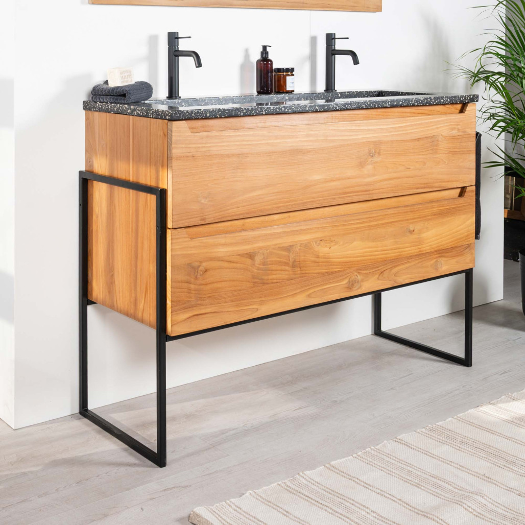 Mueble de baño en teca y terrazo negro Vila 120cm - Baño - Wanda collection Mueble de baño en teca y terrazo negro Vila 120cm - Baño - Wanda collection