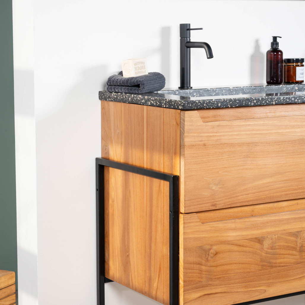 Mueble de baño en teca y terrazo negro Vila 120cm - Baño - Wanda collection Mueble de baño en teca y terrazo negro Vila 120cm - Baño - Wanda collection