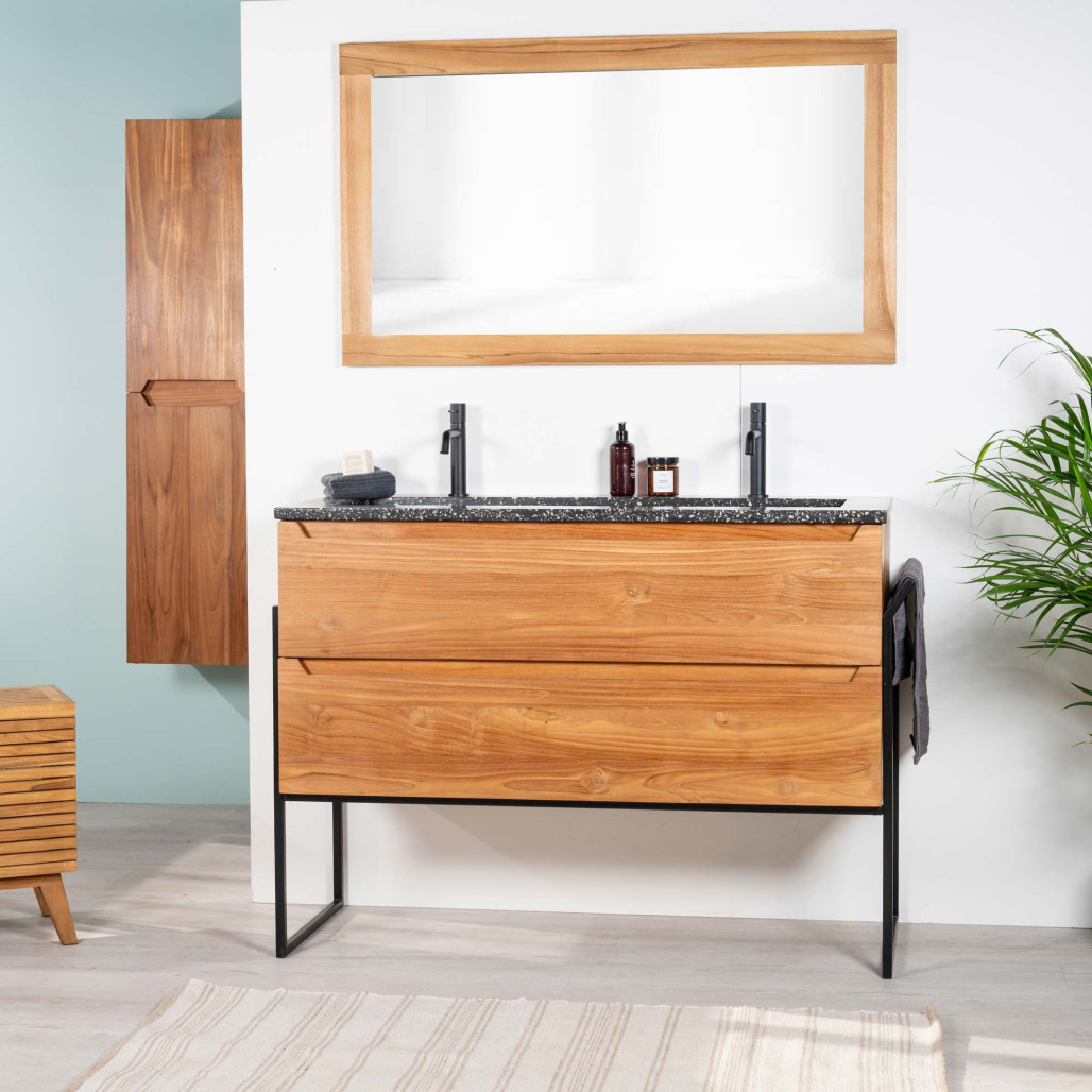 Mueble de baño en teca y terrazo negro Vila 120cm - Baño - Wanda collection Mueble de baño en teca y terrazo negro Vila 120cm - Baño - Wanda collection
