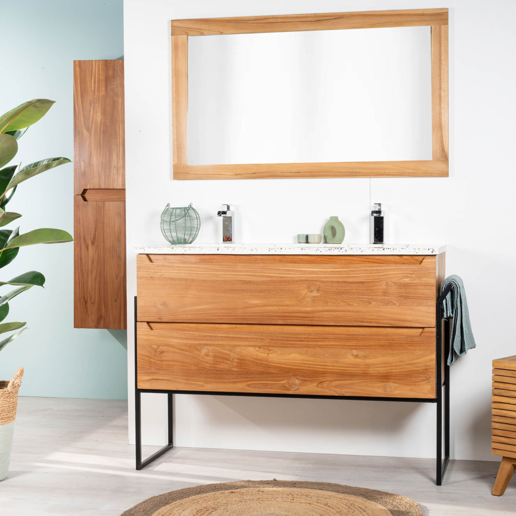 Mueble de baño en teca y terrazo crema Vila 120cm Mueble de baño en teca y terrazo crema Vila 120cm