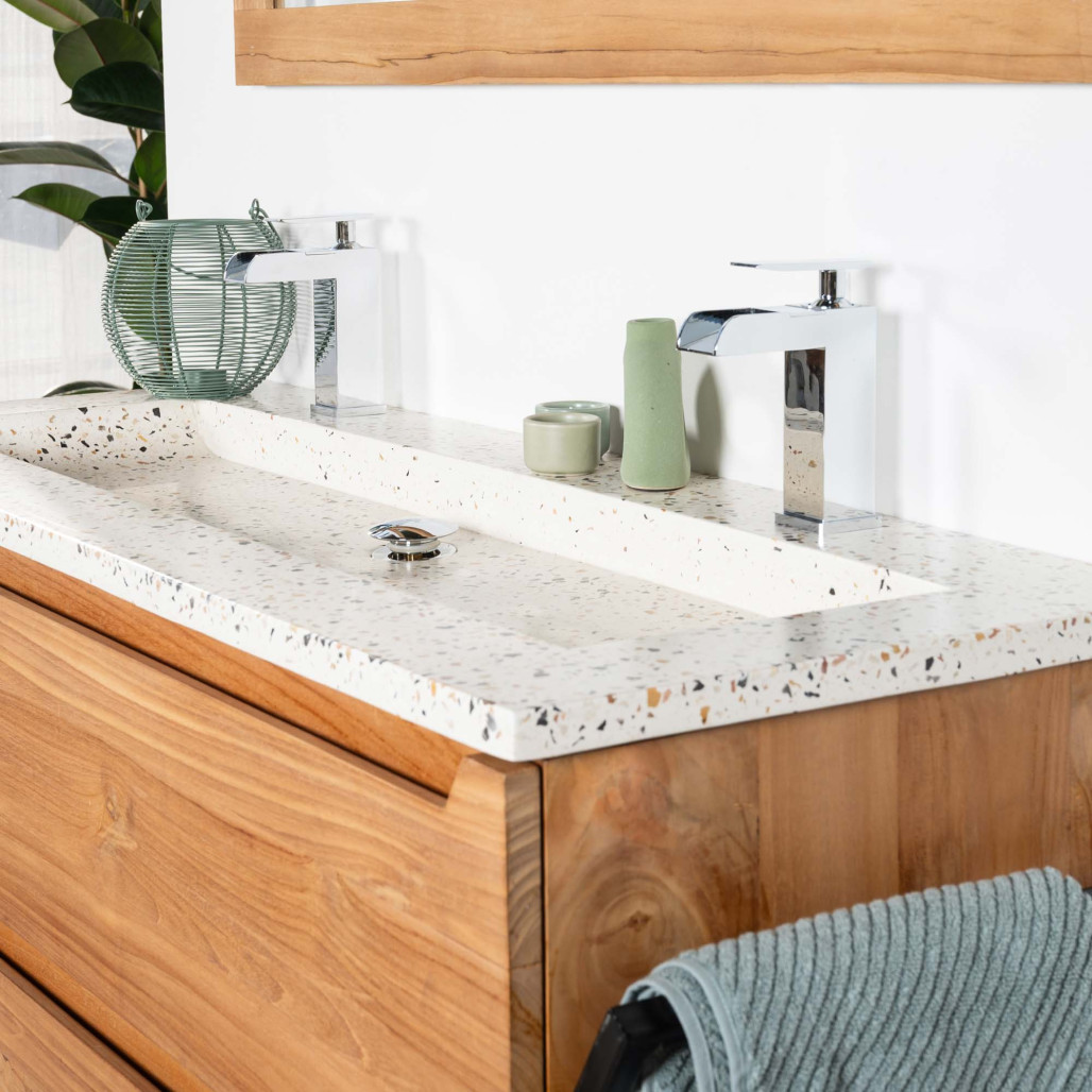 Mueble de baño en teca y terrazo crema Vila 120cm - Baño - Wanda collection Mueble de baño en teca y terrazo crema Vila 120cm - Baño - Wanda collection