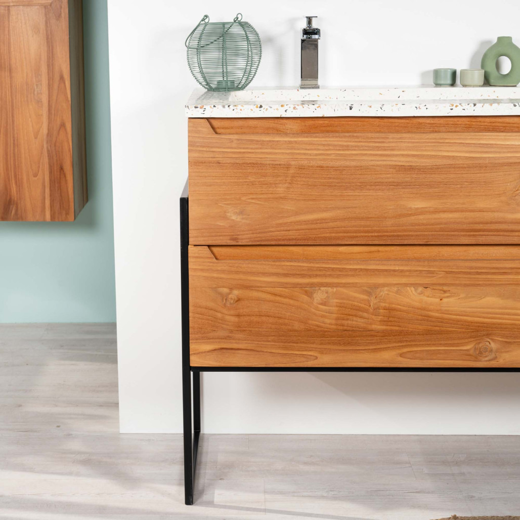 Mueble de baño en teca y terrazo crema Vila 120cm - Baño - Wanda collection Mueble de baño en teca y terrazo crema Vila 120cm - Baño - Wanda collection