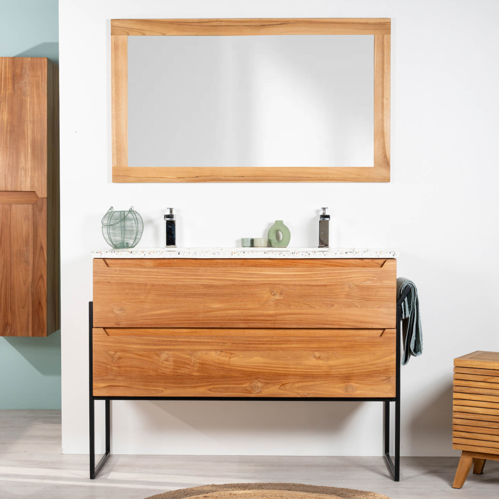 Mueble de baño en teca y terrazo crema Vila 120cm - Baño - Wanda collection Mueble de baño en teca y terrazo crema Vila 120cm - Baño - Wanda collection