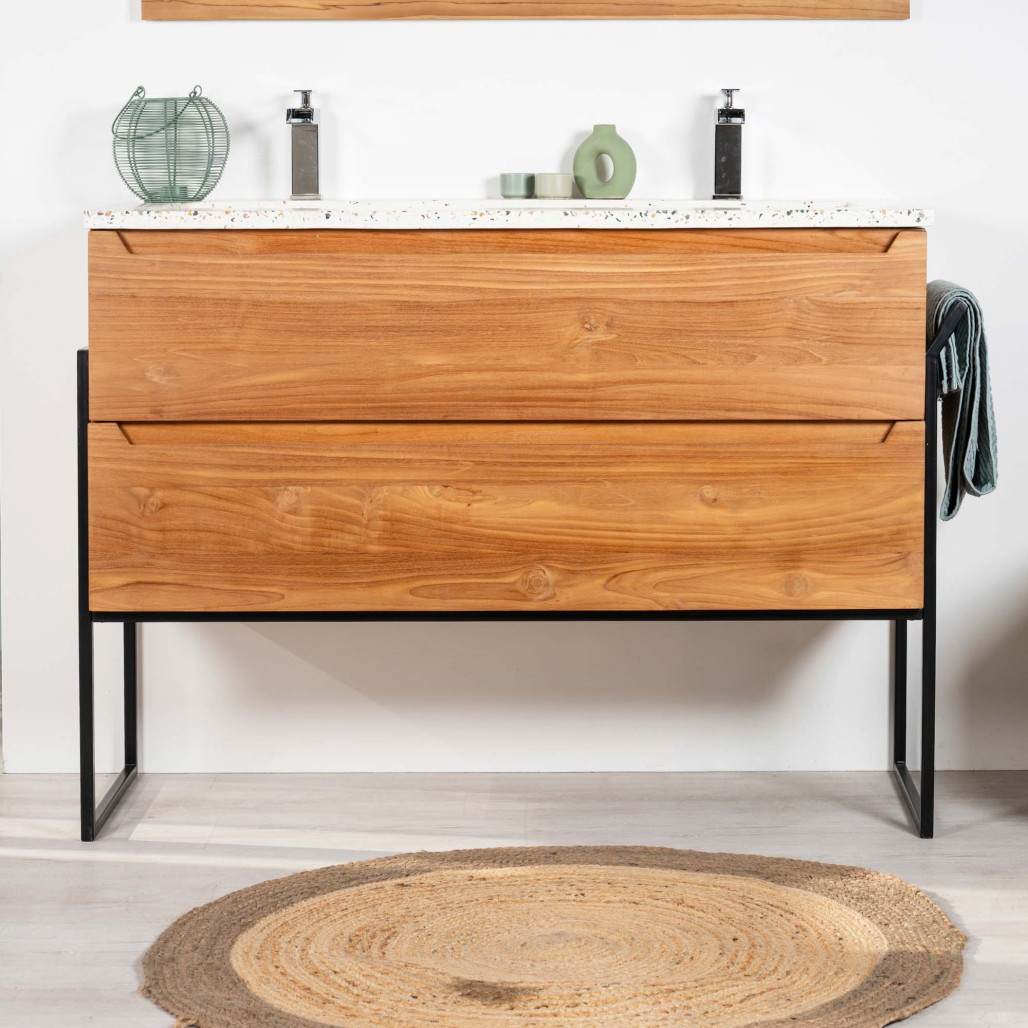 Mueble de baño en teca y terrazo crema Vila 120cm - Baño - Wanda collection Mueble de baño en teca y terrazo crema Vila 120cm - Baño - Wanda collection