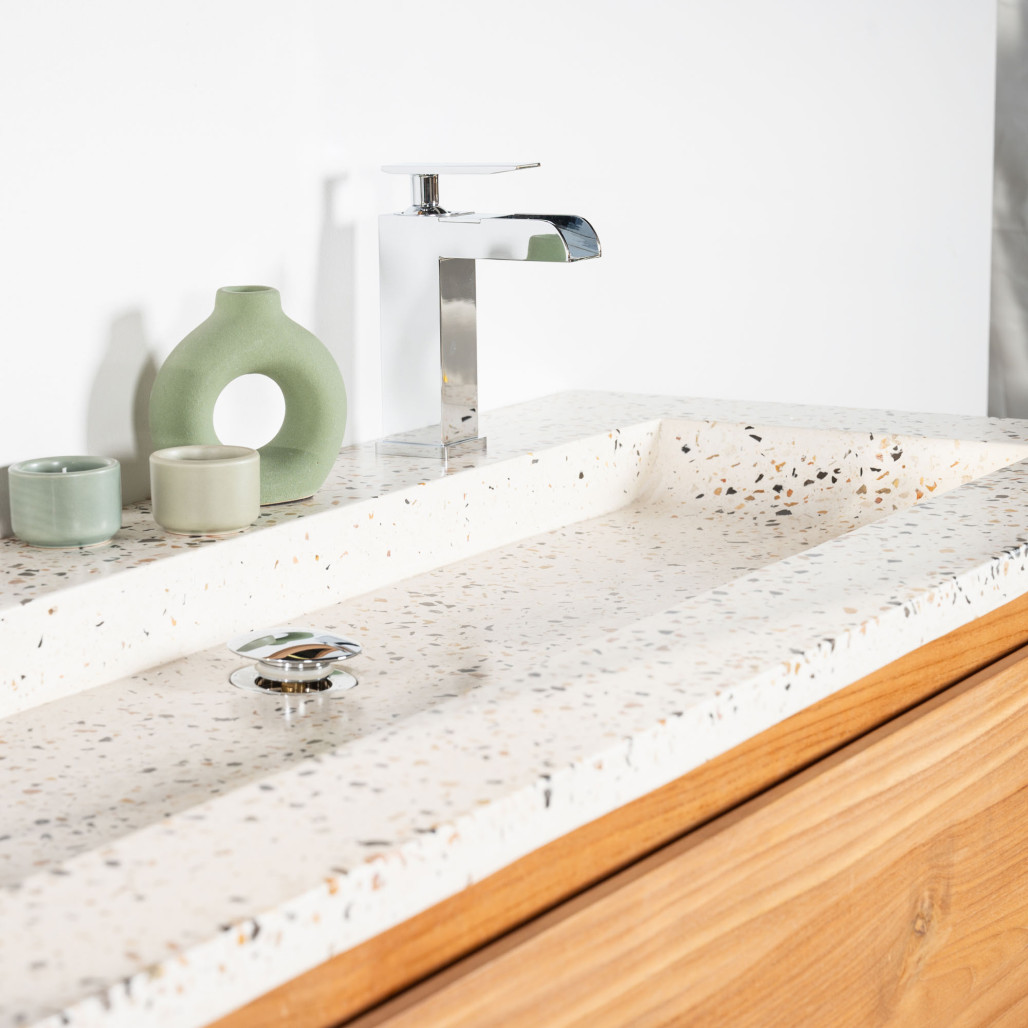 Mueble de baño en teca y terrazo crema Vila 120cm - Baño - Wanda collection Mueble de baño en teca y terrazo crema Vila 120cm - Baño - Wanda collection