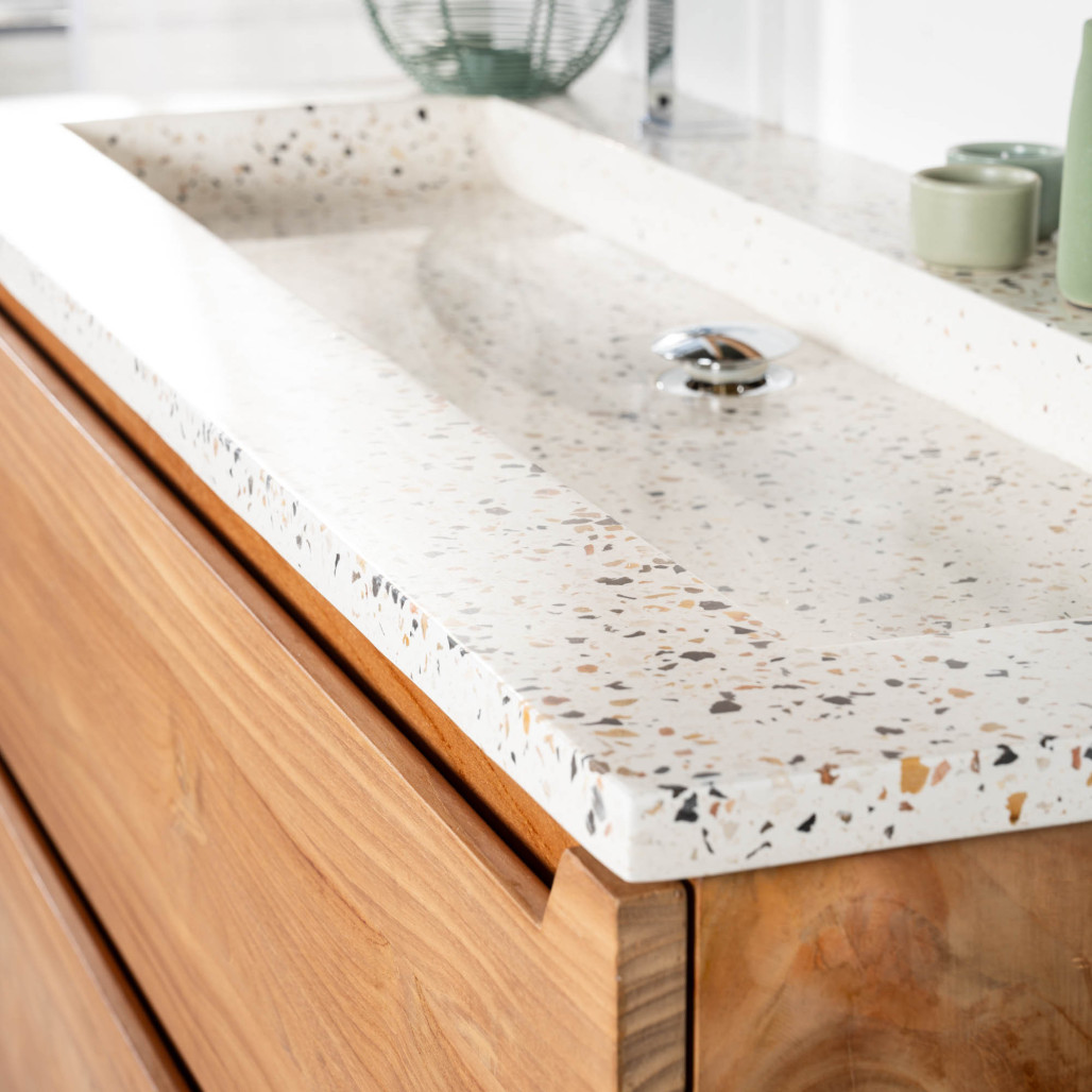 Mueble de baño en teca y terrazo crema Vila 120cm - Baño - Wanda collection Mueble de baño en teca y terrazo crema Vila 120cm - Baño - Wanda collection