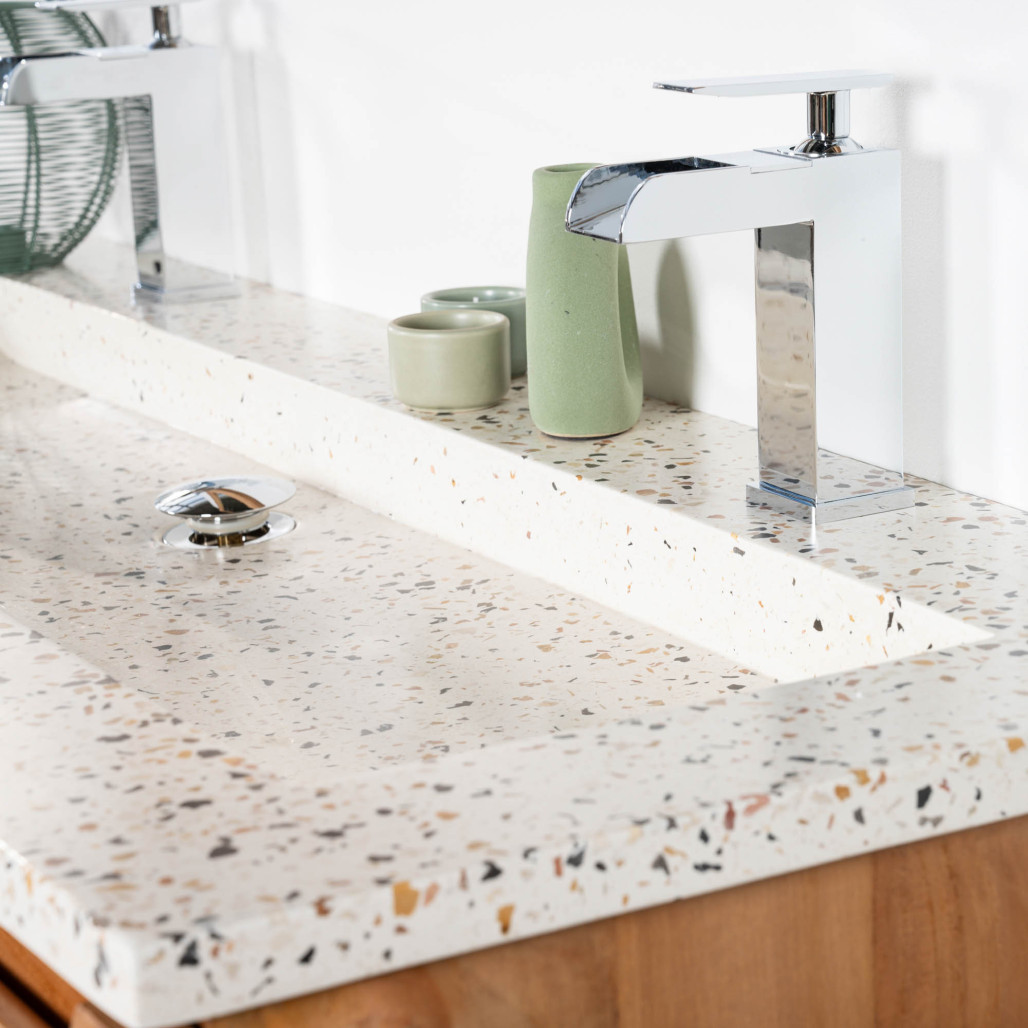 Mueble de baño en teca y terrazo crema Vila 120cm - Baño - Wanda collection Mueble de baño en teca y terrazo crema Vila 120cm - Baño - Wanda collection