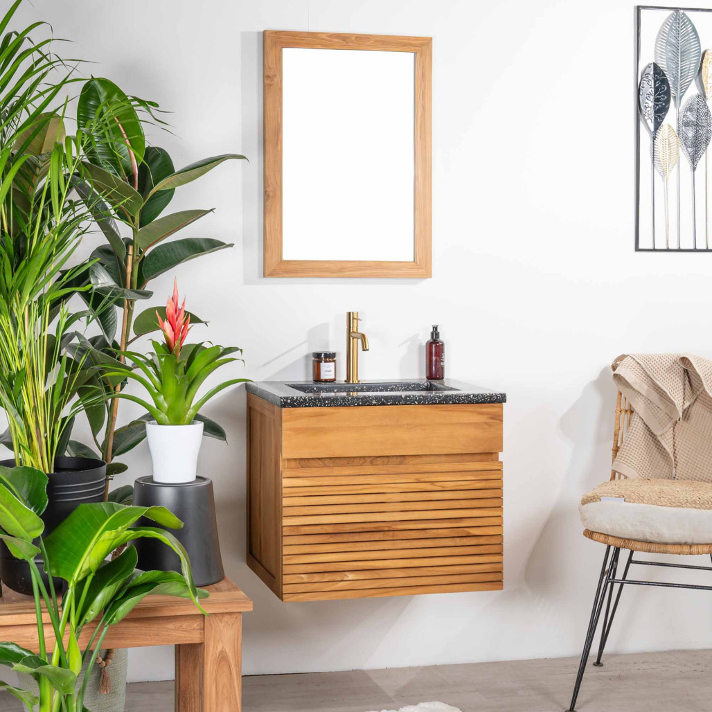 Mueble de baño en teca y terrazo negro Aktual 60cm