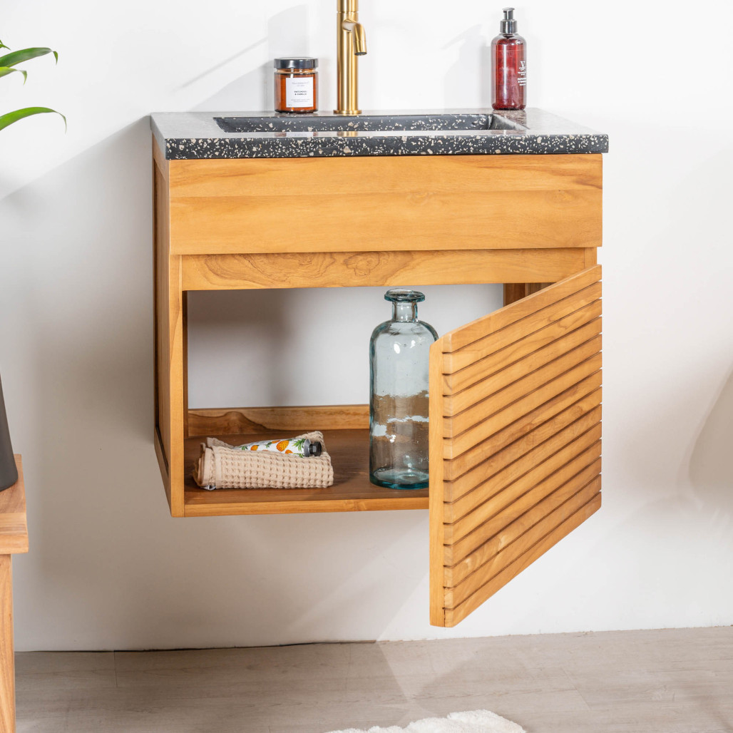 Mueble de baño en teca y terrazo negro Aktual 60cm - Baño - Wanda collection