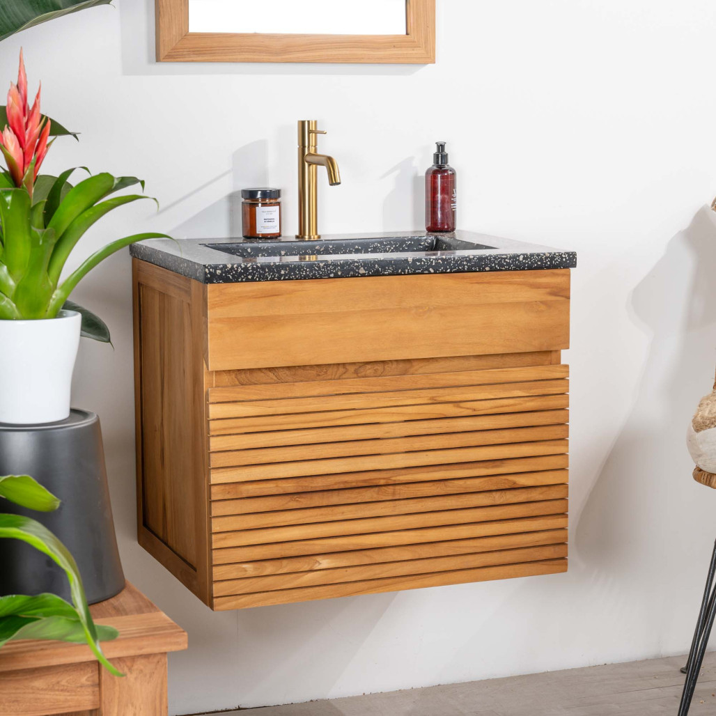 Mueble de baño en teca y terrazo negro Aktual 60cm - Baño - Wanda collection