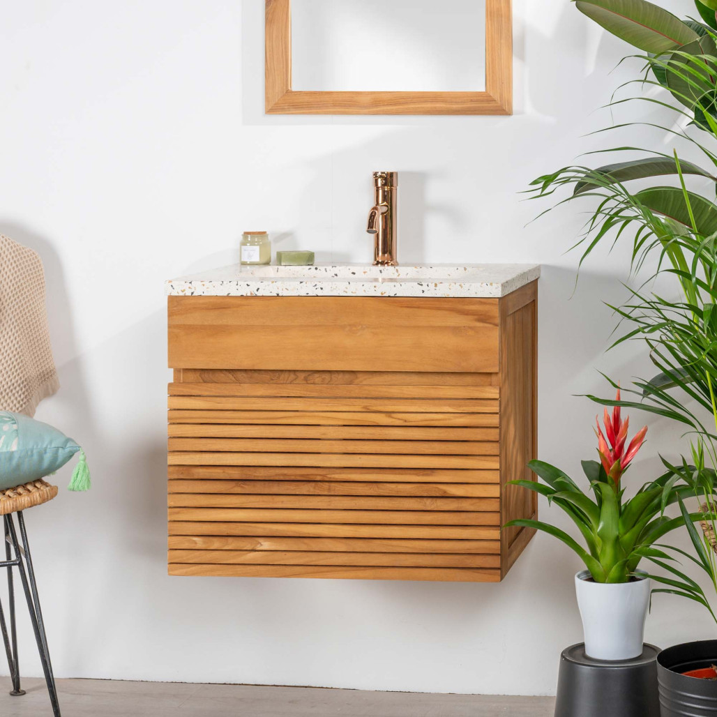 Mueble de baño en teca y terrazo crema Aktual 60cm - Baño - Wanda collection