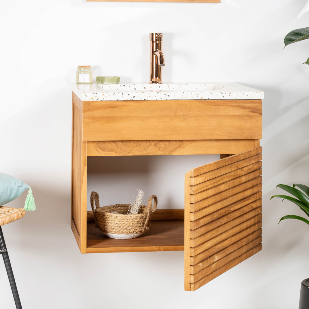 Mueble de baño en teca y terrazo crema Aktual 60cm - Baño - Wanda collection