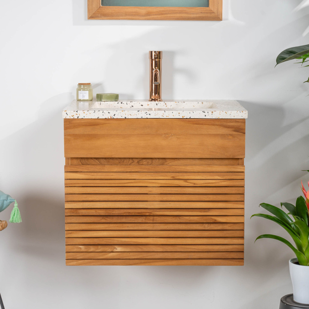 Mueble de baño en teca y terrazo crema Aktual 60cm - Baño - Wanda collection