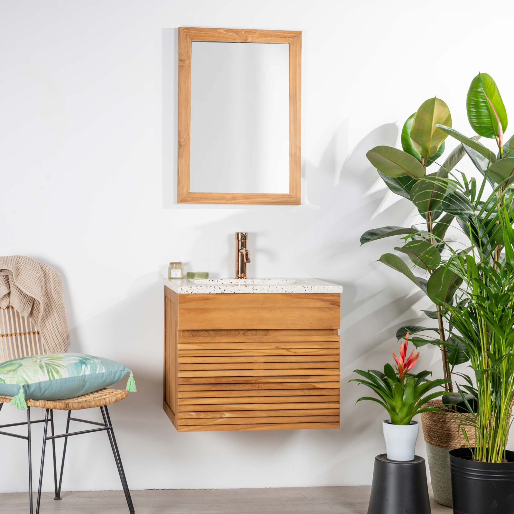 Mueble de baño en teca y terrazo crema Aktual 60cm