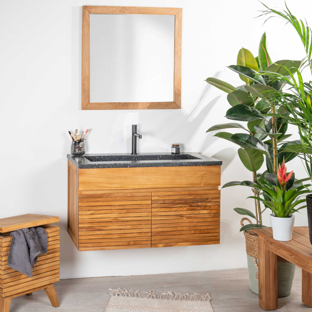 Mueble de baño en teca y terrazo negro Aktual 90cm