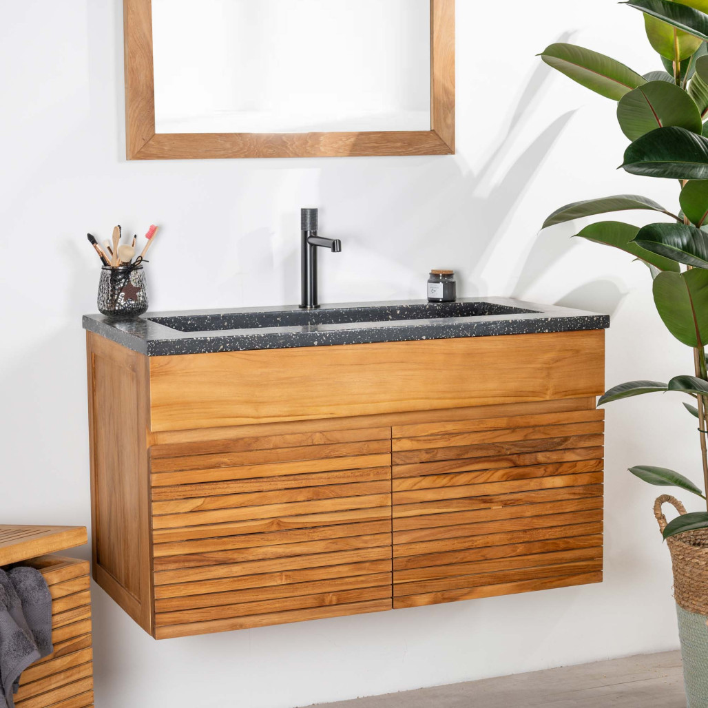 Mueble de baño en teca y terrazo negro Aktual 90cm - Baño - Wanda collection