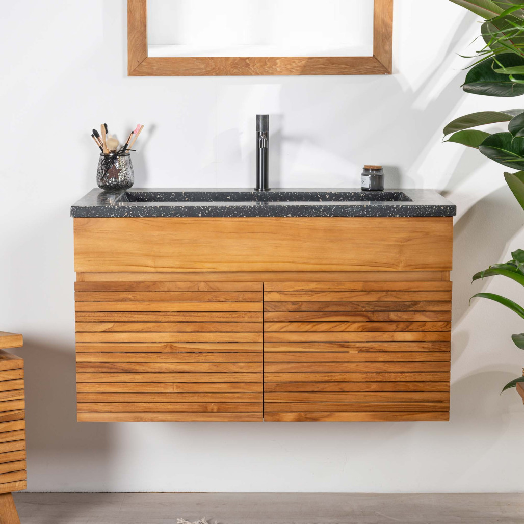Mueble de baño en teca y terrazo negro Aktual 90cm - Baño - Wanda collection