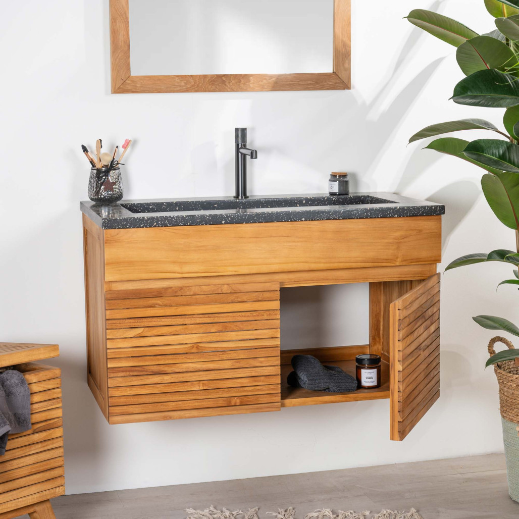 Mueble de baño en teca y terrazo negro Aktual 90cm - Baño - Wanda collection