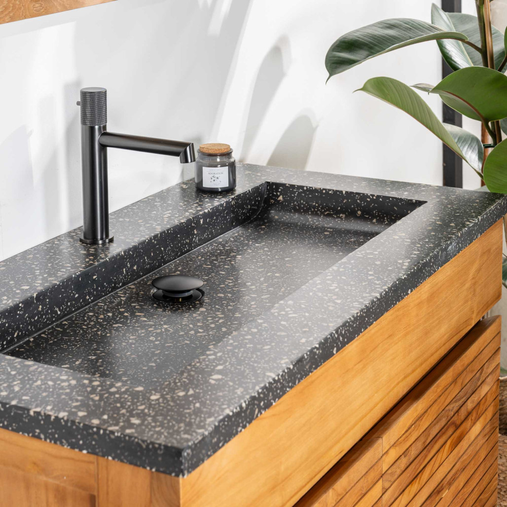 Mueble de baño en teca y terrazo negro Aktual 90cm - Baño - Wanda collection