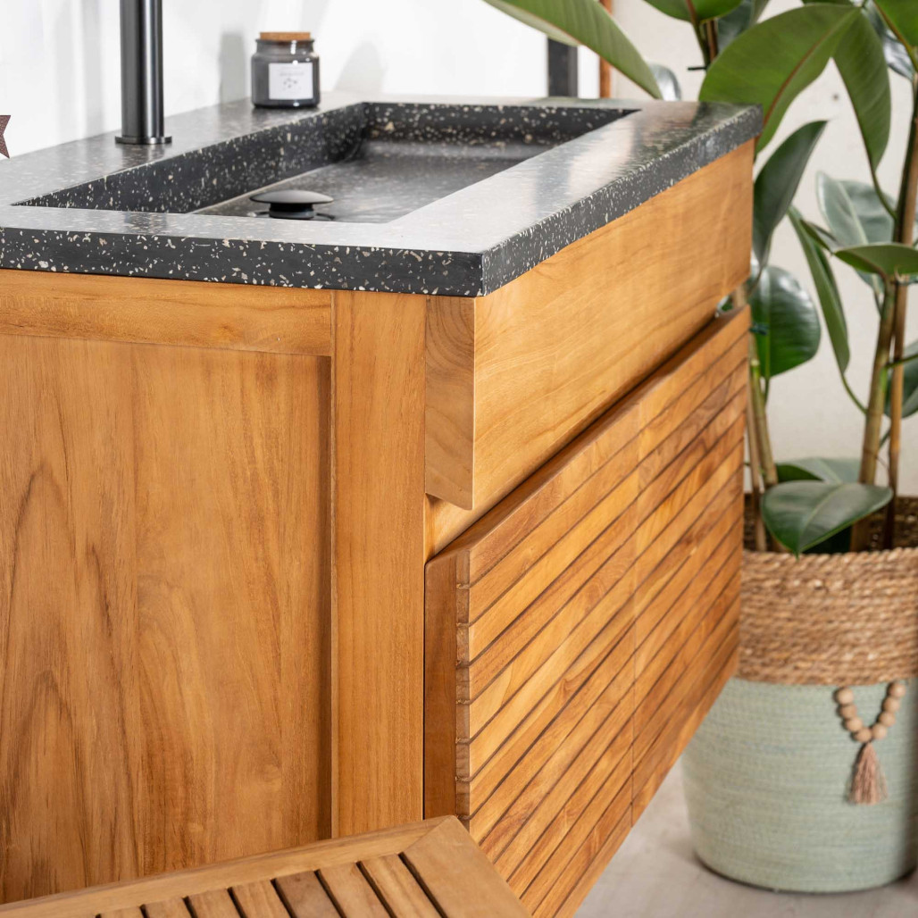Mueble de baño en teca y terrazo negro Aktual 90cm - Baño - Wanda collection