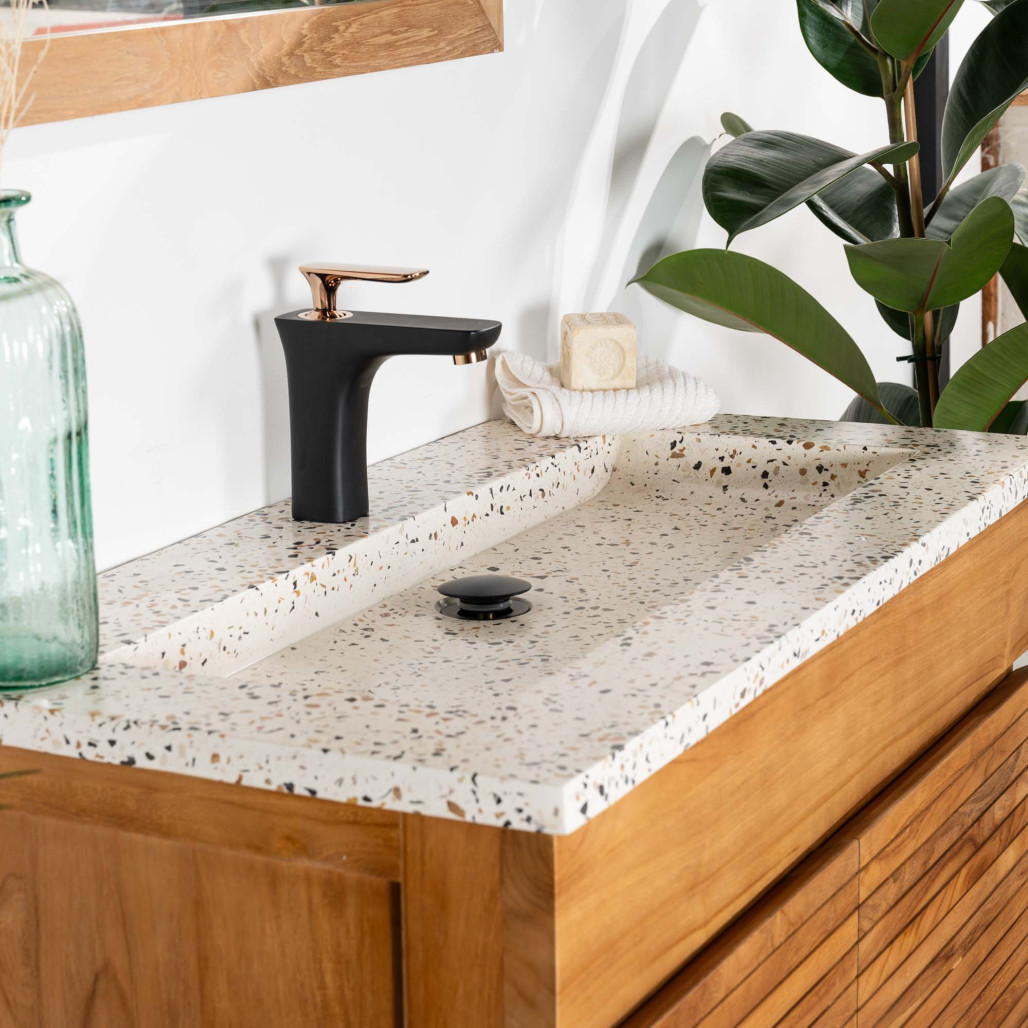 Mueble de baño en teca y terrazo crema Aktual 90cm - Baño - Wanda collection