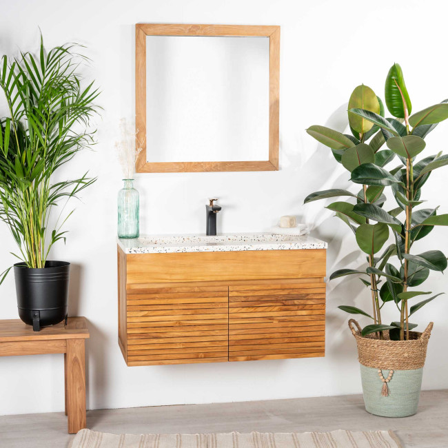 Mueble de baño en teca y terrazo crema Aktual 90cm