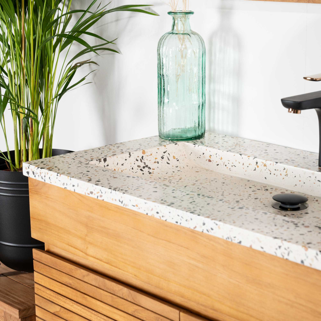 Mueble de baño en teca y terrazo crema Aktual 90cm - Baño - Wanda collection