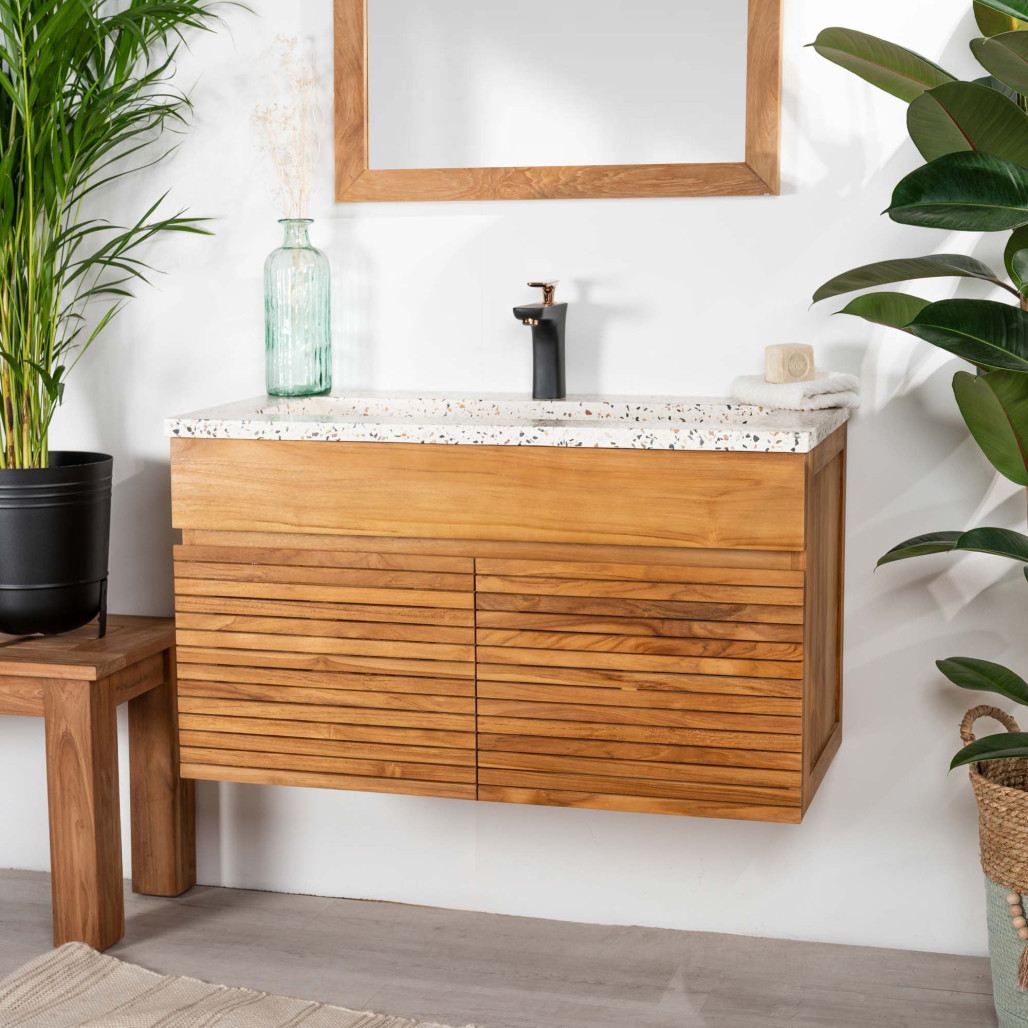 Mueble de baño en teca y terrazo crema Aktual 90cm - Baño - Wanda collection