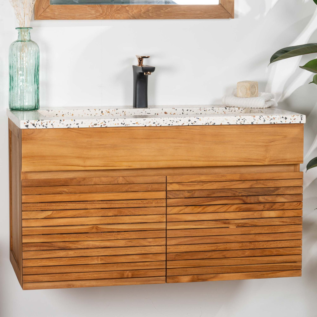 Mueble de baño en teca y terrazo crema Aktual 90cm - Baño - Wanda collection